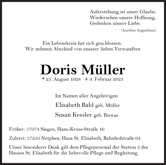 Traueranzeige von Doris Müller von Siegener Zeitung