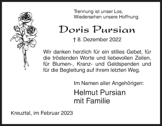 Traueranzeige von Doris Pursian von Siegener Zeitung