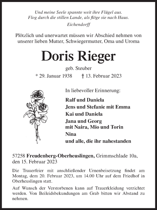 Traueranzeige von Doris Rieger von Siegener Zeitung