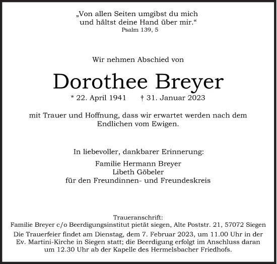Traueranzeige von Dorothee Breyer von Siegener Zeitung