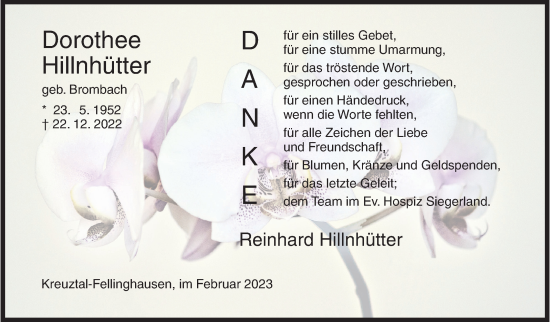 Traueranzeige von Dorothee Hillnhütter von Siegener Zeitung