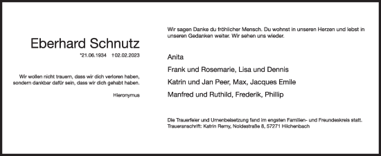 Traueranzeige von Eberhard Schnutz von Siegener Zeitung