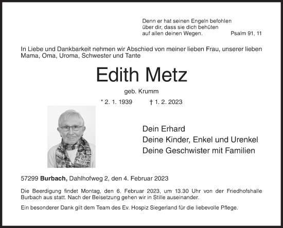 Traueranzeige von Edith Metz von Siegener Zeitung