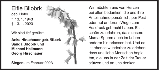 Traueranzeige von Elfie Bilobrk von Siegener Zeitung