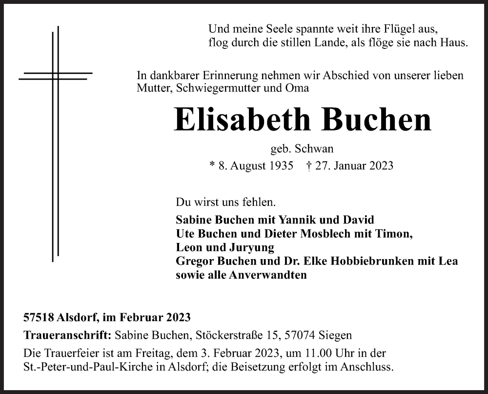  Traueranzeige für Elisabeth Buchen vom 01.02.2023 aus Siegener Zeitung