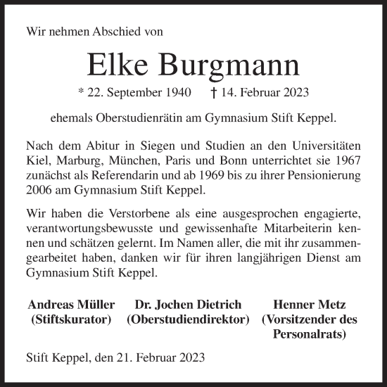 Traueranzeige von Elke Burgmann von Siegener Zeitung