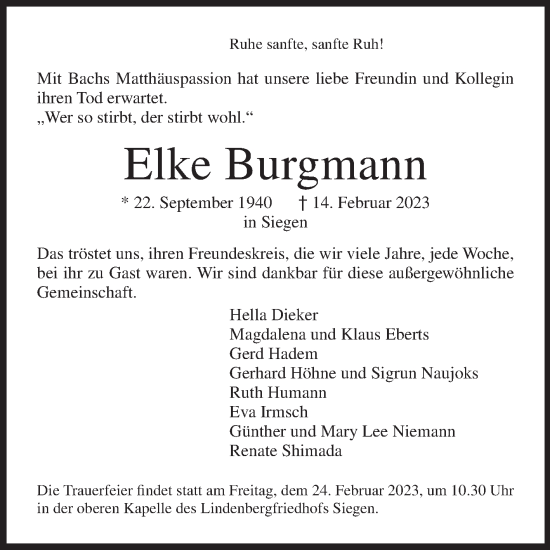 Traueranzeige von Elke Burgmann von Siegener Zeitung
