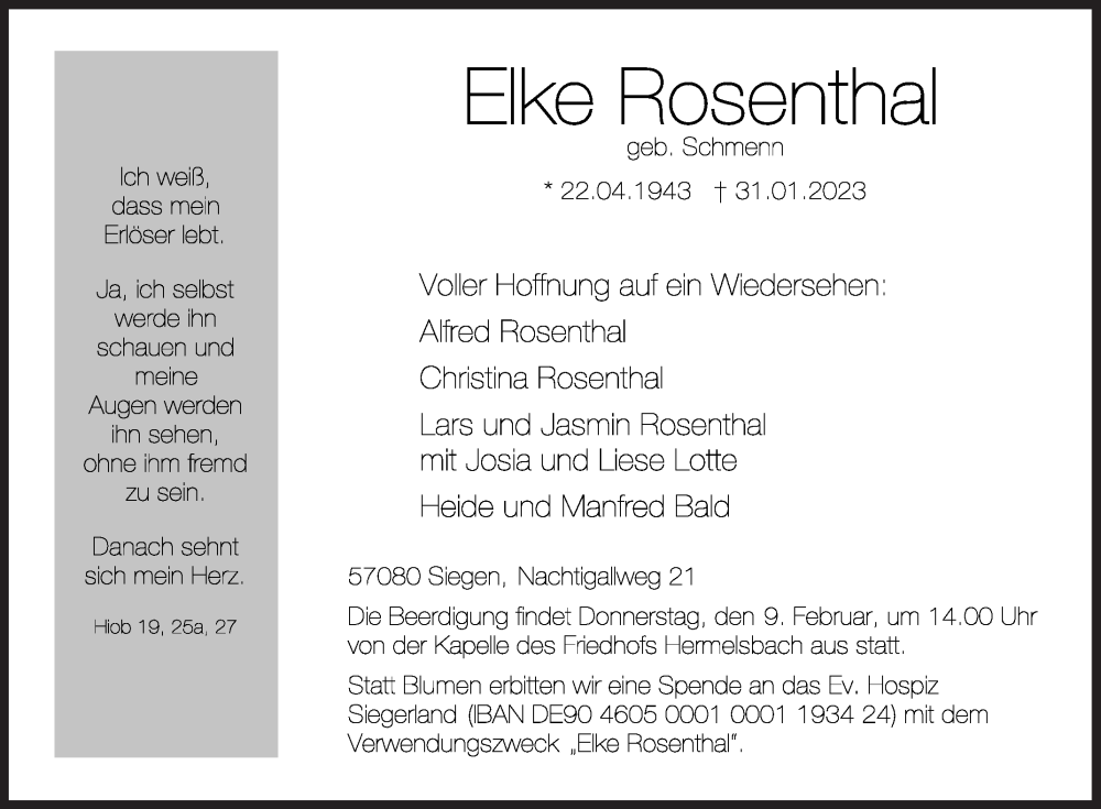  Traueranzeige für Elke Rosenthal vom 02.02.2023 aus Siegener Zeitung
