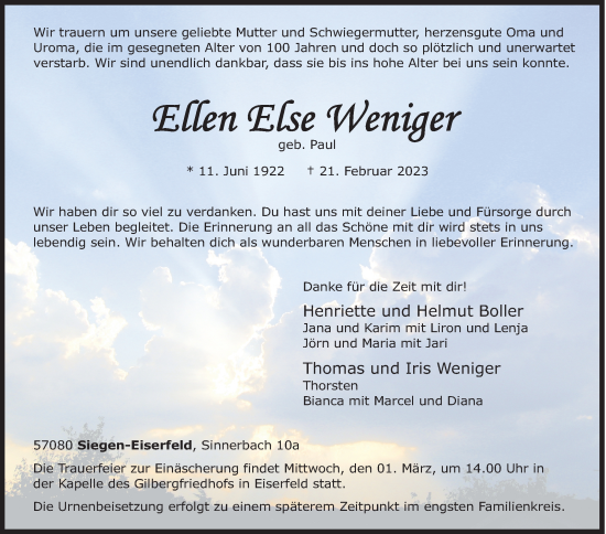 Traueranzeige von Ellen Else Weniger von Siegener Zeitung