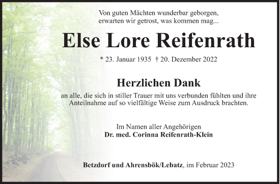 Traueranzeige von Else Lore Reifenrath von Siegener Zeitung