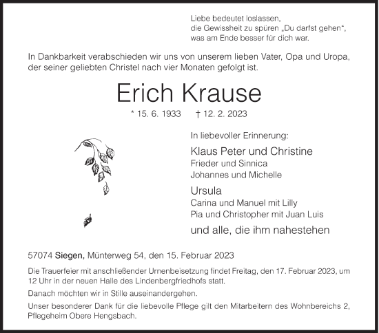 Traueranzeige von Erich Krause von Siegener Zeitung