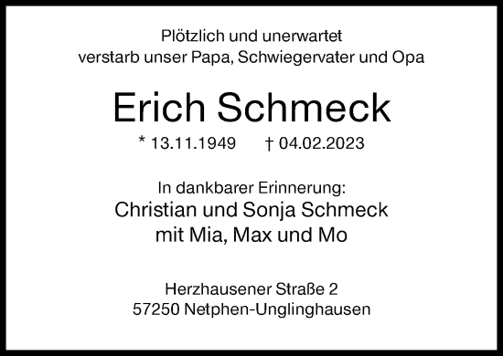 Traueranzeige von Erich Schmeck von Siegener Zeitung