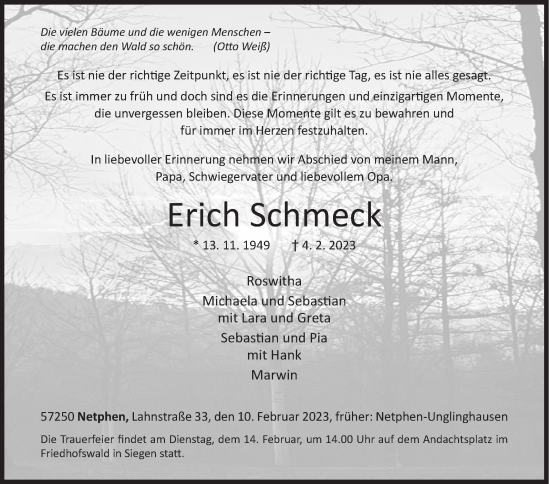 Traueranzeige von Erich Schmeck von Siegener Zeitung