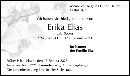 Traueranzeige von Erika Elias von Siegener Zeitung