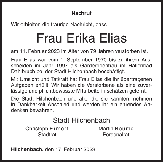 Traueranzeige von Erika Elias von Siegener Zeitung