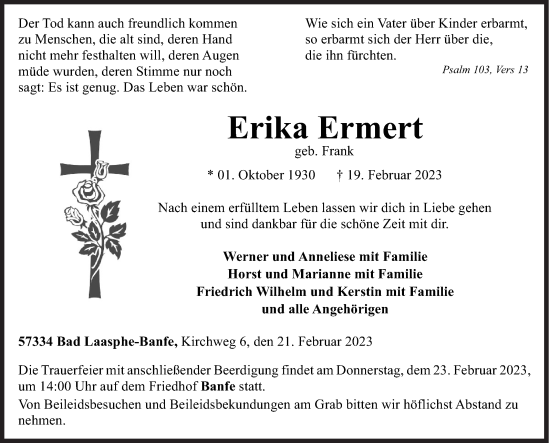 Traueranzeige von Erika Ermert von Siegener Zeitung