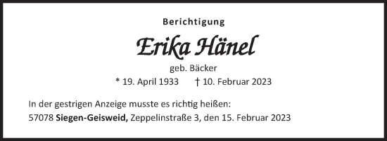 Traueranzeige von Erika Hänel von Siegener Zeitung