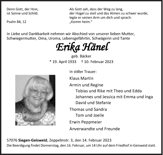 Traueranzeige von Erika Hänel von Siegener Zeitung