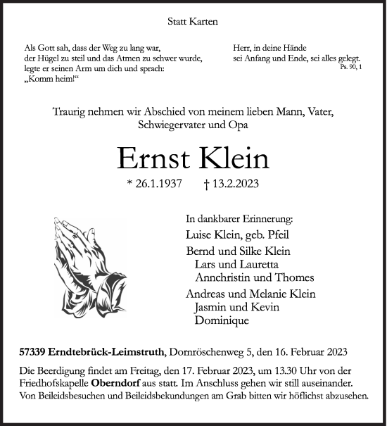 Traueranzeige von Ernst Klein von Siegener Zeitung