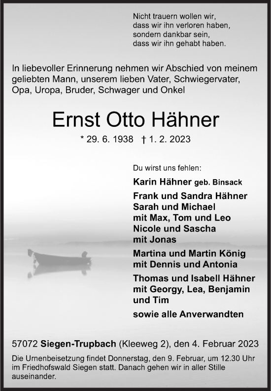 Traueranzeige von Ernst Otto Hähner von Siegener Zeitung