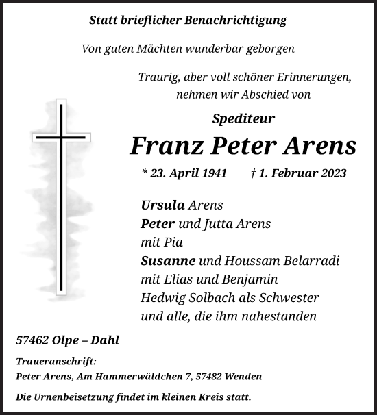 Traueranzeige von Franz Peter Arens von Siegener Zeitung