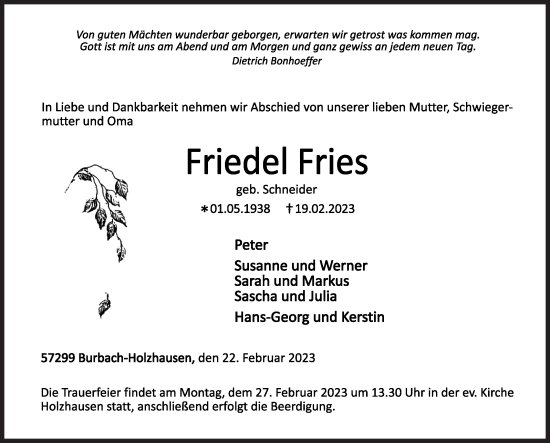 Traueranzeige von Friedel Fries von Siegener Zeitung
