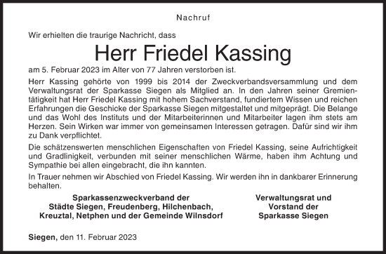 Traueranzeige von Friedel Kassing von Siegener Zeitung