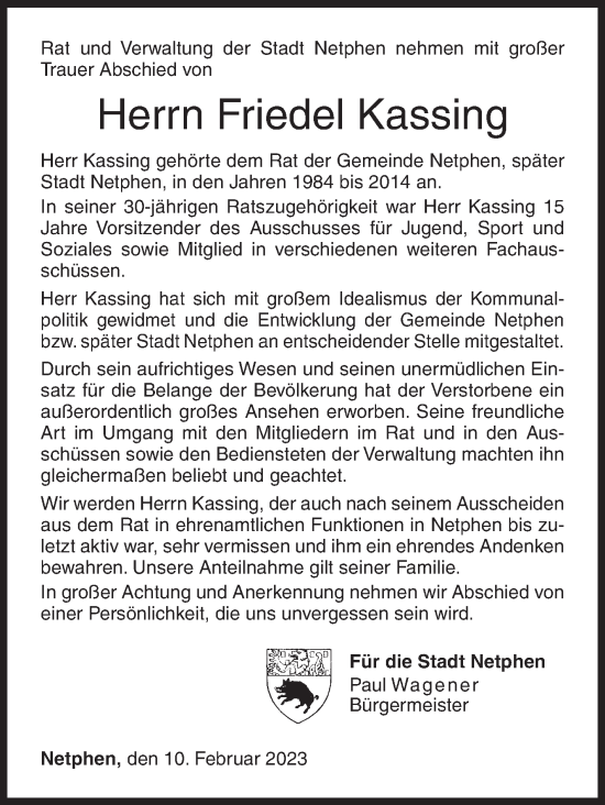 Traueranzeige von Friedel Kassing von Siegener Zeitung