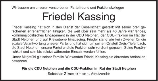 Traueranzeige von Friedel Kassing von Siegener Zeitung