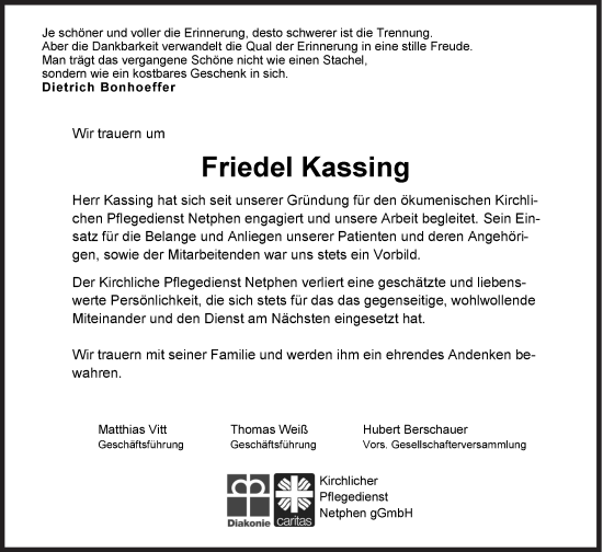 Traueranzeige von Friedel Kassing von Siegener Zeitung