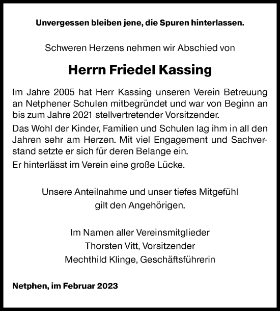 Traueranzeige von Friedel Kassing von Siegener Zeitung