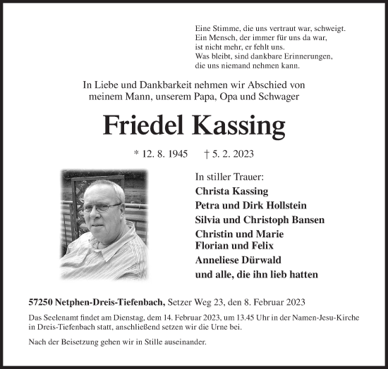 Traueranzeige von Friedel Kassing von Siegener Zeitung