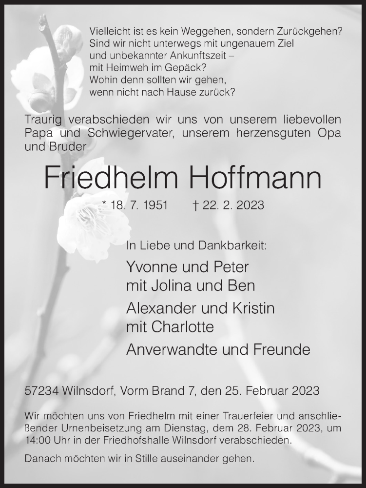  Traueranzeige für Friedhelm Hoffmann vom 25.02.2023 aus Siegener Zeitung