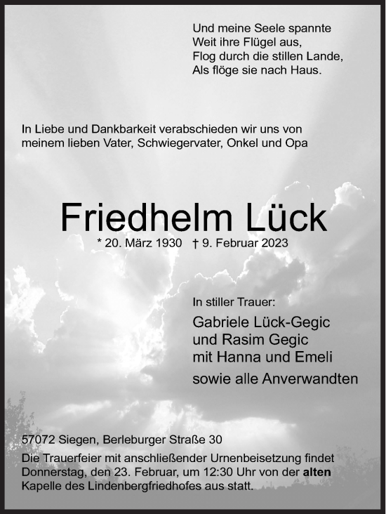 Traueranzeige von Friedhelm Lück von Siegener Zeitung