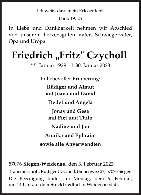 Traueranzeige von Friedrich Czycholl von Siegener Zeitung