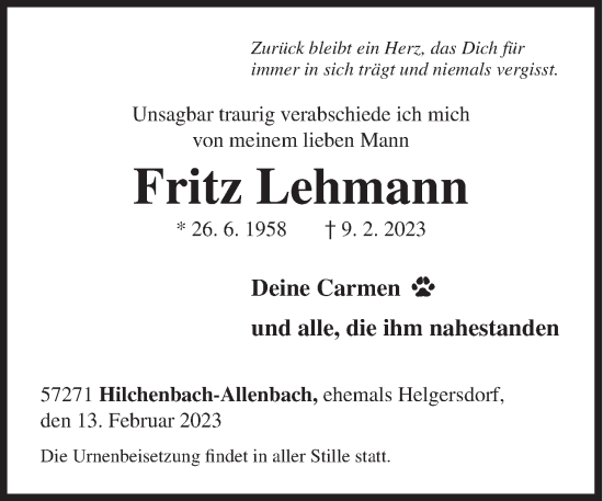 Traueranzeige von Fritz Lehmann von Siegener Zeitung