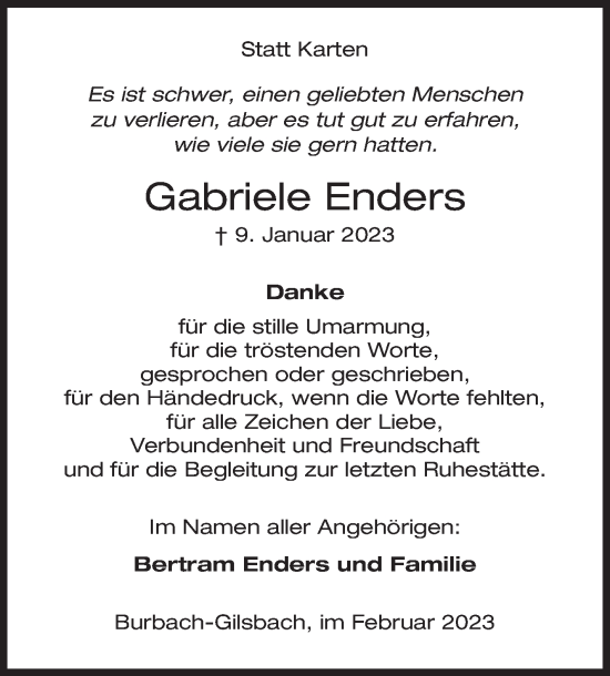 Traueranzeige von Gabriele Enders von Siegener Zeitung