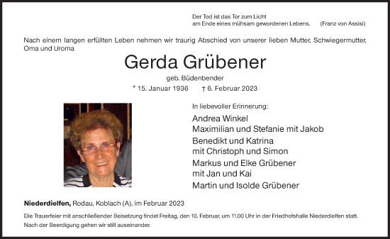 Traueranzeige von Gerda Grübener von Siegener Zeitung
