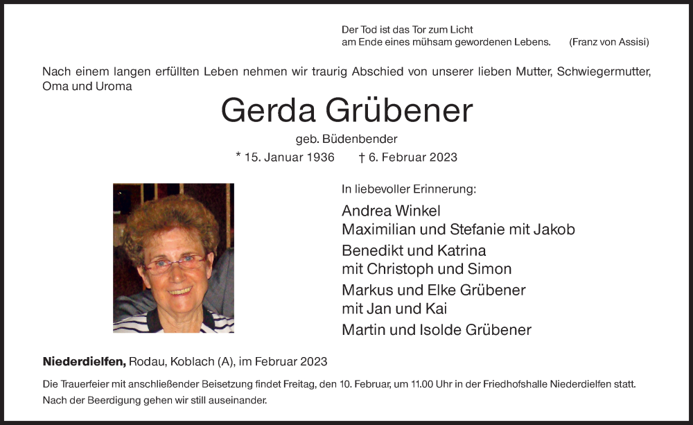  Traueranzeige für Gerda Grübener vom 09.02.2023 aus Siegener Zeitung