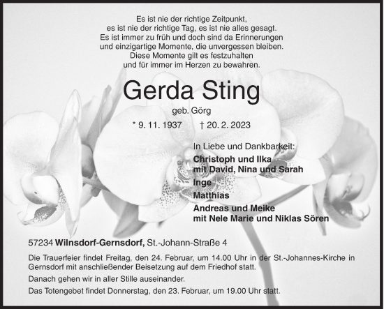Traueranzeige von Gerda Sting von Siegener Zeitung