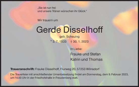 Traueranzeige von Gerde Disselhoff von Siegener Zeitung