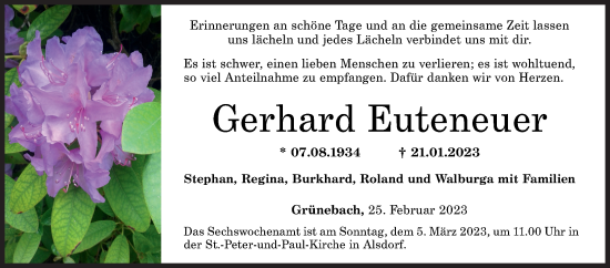 Traueranzeige von Gerhard Euteneuer von Siegener Zeitung