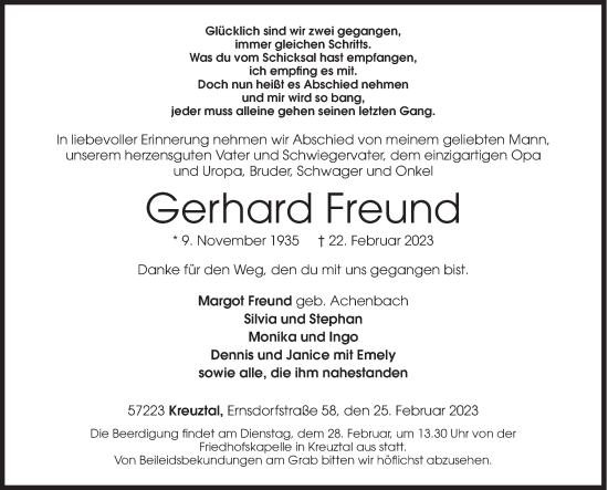 Traueranzeige von Gerhard Freund von Siegener Zeitung