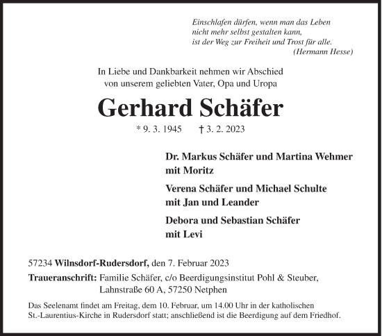 Traueranzeige von Gerhard Schäfer von Siegener Zeitung