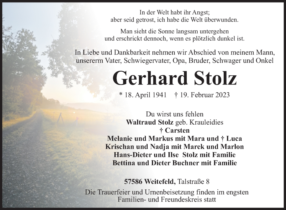  Traueranzeige für Gerhard Stolz vom 23.02.2023 aus Siegener Zeitung