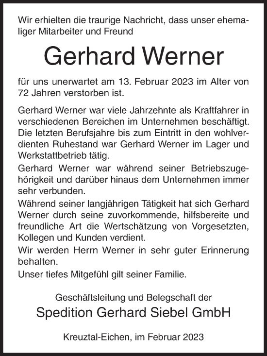 Traueranzeige von Gerhard Werner von Siegener Zeitung