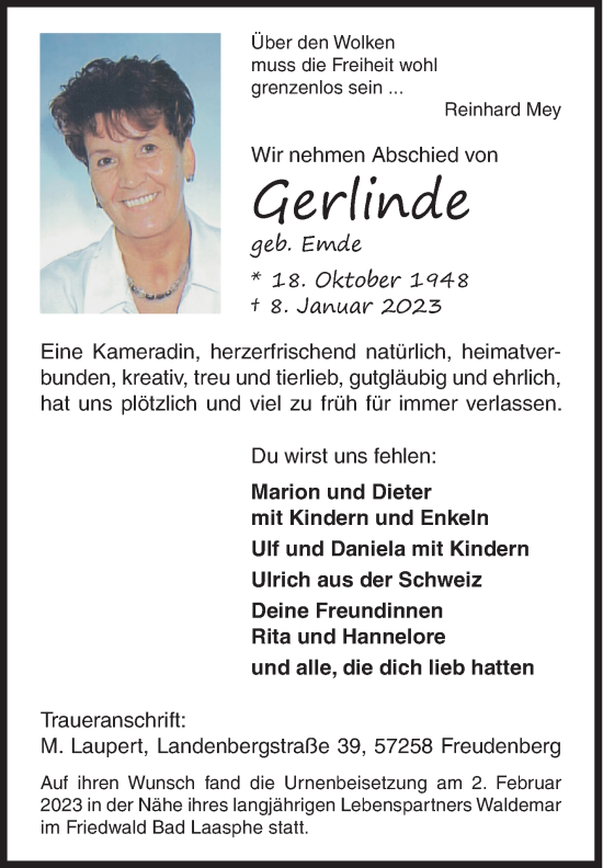 Traueranzeige von Gerlinde  von Siegener Zeitung