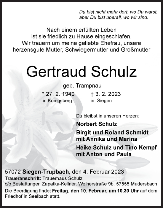 Traueranzeige von Gertraud Schulz von Siegener Zeitung