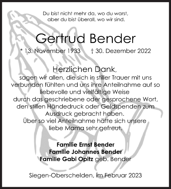 Traueranzeige von Gertrud Bender von Siegener Zeitung