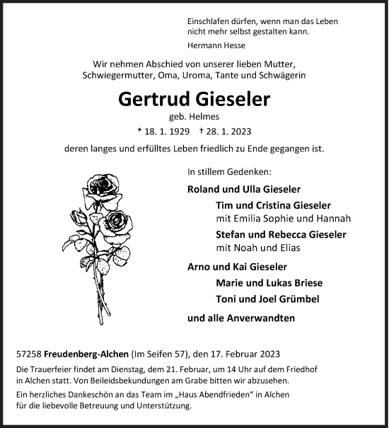 Traueranzeige von Gertrud Gieseler von Siegener Zeitung